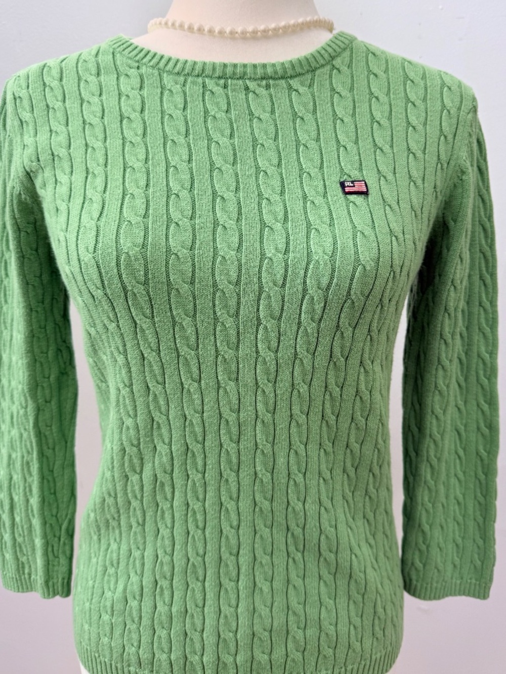 VTG Polo Jeans Co Ralph Lauren Green Cable Knit Flag Sweater Women’s Size XS